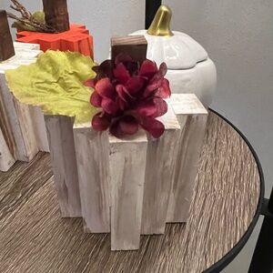 Charming White Wooden Pumpkin with Burgundy Floral Accent